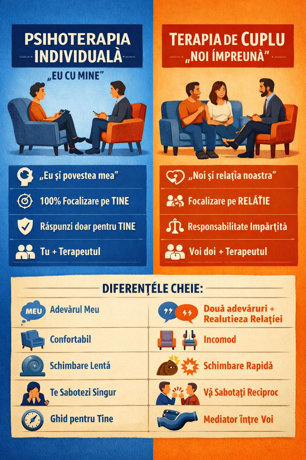 Psihoterapia individuala vs psihoterapia de cuplu: ce alegi si cand