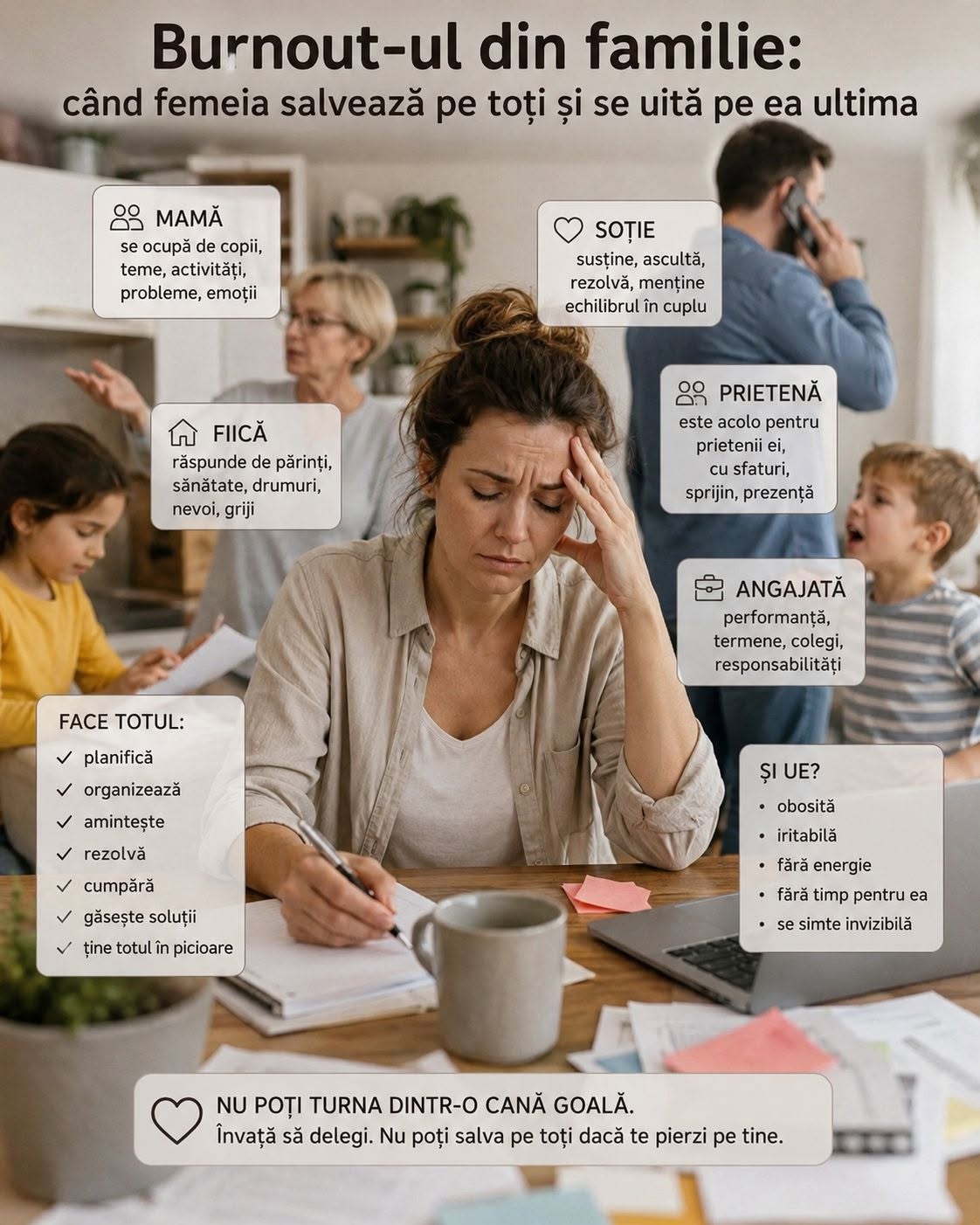 Burnout din familie: de ce femeia care ii salveaza pe toti ajunge sa se piarda pe sine