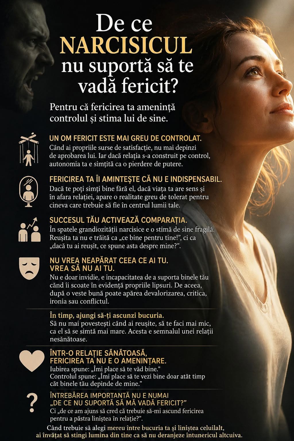 De ce narcisicul nu suporta sa te vada fericit? Explicatia psihologica